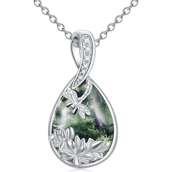 Sterling Silver Moss Agate Dragonfly Necklace with Lotus, 18 Plus 2 Inch Ext, Wo - Picture 1 of 6